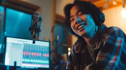 Young handsome Asian rapper smile at sound engineer studio