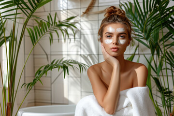 Obraz na płótnie Canvas A beautiful girl with cream on her face in a white robe sits in a bright bathroom with a modern design and green plants.