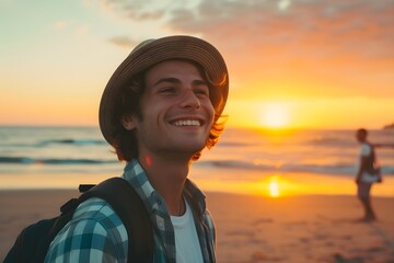 Sunset Bliss: Joyful Young Man with Hat on a Beach at Golden Hour