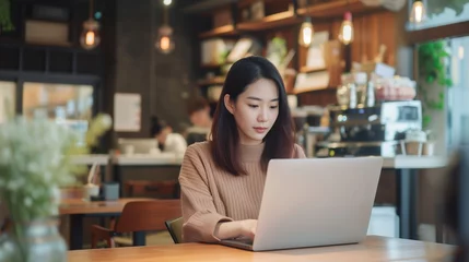 Fotobehang Young Asian woman using laptop working at a coffee shop © CraftyImago
