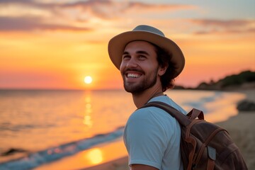 Happy Traveler Enjoying Sunset on a Secluded Beach