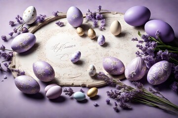 Subtle lavender setting with detailed Easter adornments and an assortment of eggs, forming an enchanting space for your celebratory message