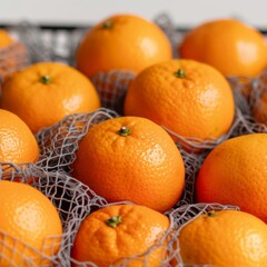 Bright oranges in a net bag with a close-up view on a white background, zero waste concept