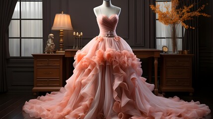 A luxurious pink peach gown with ruffles and a jeweled waistband on a mannequin in an elegant room setting. - obrazy, fototapety, plakaty