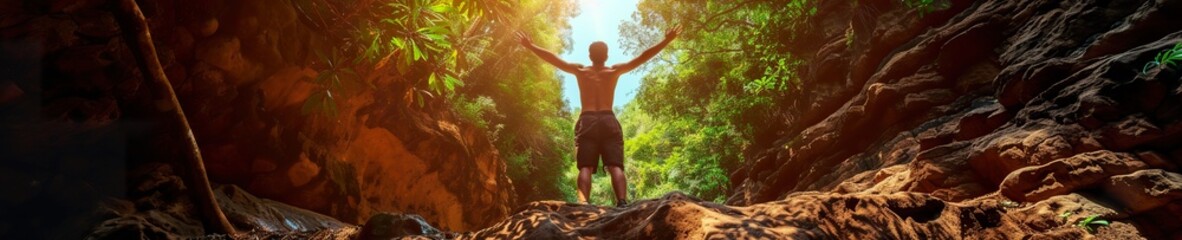 A man with  hand up jumping on the top of the mountain