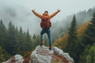A man with  hand up jumping on the top of the mountain