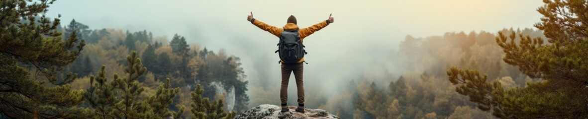 A man with  hand up jumping on the top of the mountain