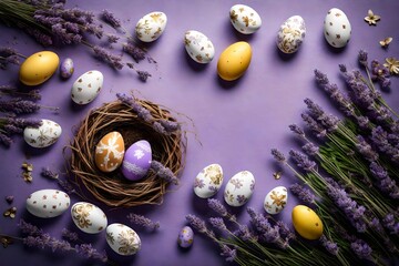 Fototapeta na wymiar Top-down view of a tranquil lavender setting adorned with intricate Easter decorations and a variety of eggs, providing a serene eagle's perspective for your celebratory text