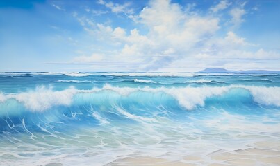 Fototapeta premium Sandy Beach with Waves Meeting the Horizon, Light Reflecting in a Bright, Invigorating Style