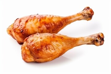 Barbecue-grilled chicken drumsticks expertly showcased against a pristine white background