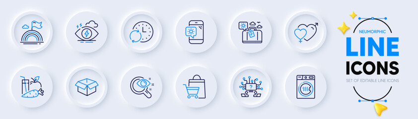 Update time, Sale bags and Lgbt line icons for web app. Pack of Teamwork question, Opened box, Stress pictogram icons. Dryer machine, Vision test, Juice signs. Weather phone, Male female. Vector