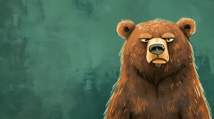 This grumpy yet lovable bear stands on a serene forest green background.