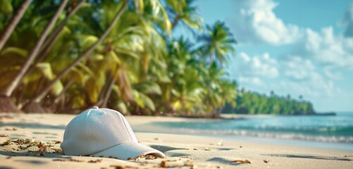 White empty cap on a tropical palm tree-filled beach, front view. - obrazy, fototapety, plakaty