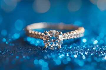 Diamond engagement ring on a blue shiny background. Luxury female jewelry close up