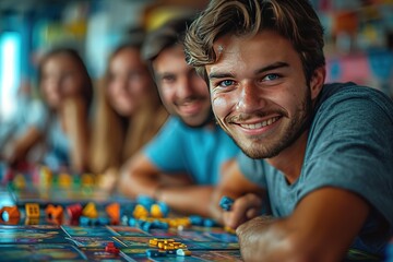 Friends having a game night with love-themed board games - obrazy, fototapety, plakaty