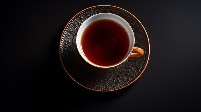 The photo depicts a cup of tea inside a plate on a dark surface with a cup of tea.