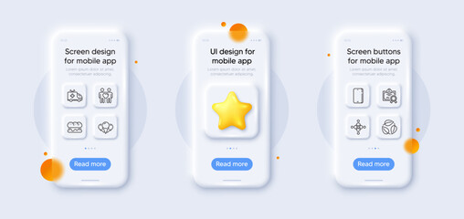 Ambulance car, Burger and Certificate line icons pack. 3d phone mockups with star. Glass smartphone screen. Friends couple, Leaves, Inclusion web icon. Phone, Ice creams pictogram. Vector