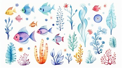 The underwater world is depicted on a white background with hand drawn watercolor.