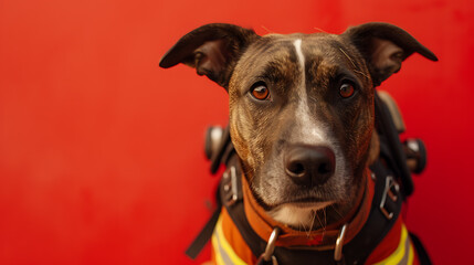 A courageous canine firefighter, symbolizing bravery and dedication, against a vibrant red backdrop.