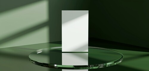White card standing on an oval glass table, green gradient.