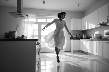 Full-length mid air portrait of cheerful pretty woman wearing white dress in the kitchen. Caucasian girl in the middle of the kitchen window on background. Lifestyle, leisure life concept