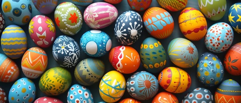 Happy Easter.Colorful hand painted decorated Easter eggs. Handmade Easter craft.Spring decoration background. DIY Festive traditional symbols.Holiday Still life photo selective focus. High quality 