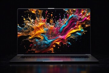 modern laptop with colorful screen, device on black background