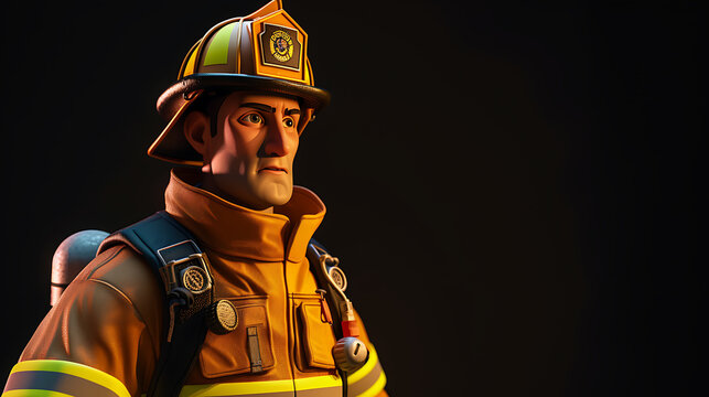A fearless and powerful 3D firefighter stands proudly against a striking black background.