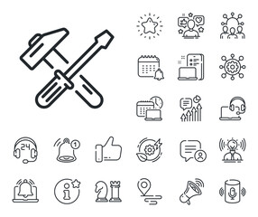 Repair service sign. Place location, technology and smart speaker outline icons. Hammer and screwdriver line icon. Fix instruments symbol. Hammer tool line sign. Vector