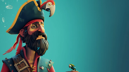 A fearless pirate posing with a colorful parrot against a vibrant teal backdrop. - obrazy, fototapety, plakaty