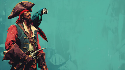A fearless pirate posing with a colorful parrot against a vibrant teal backdrop.