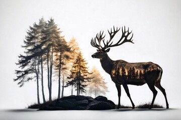 deer in the forest, double exposure, banner white background