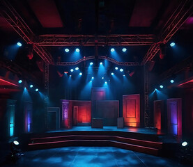 Stage Spotlight with Stage Podium and lighting equipment in the dark.
