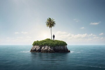 Businessman in suit on green island with palm in ocean. Сoncept of uncertainty in the business environment - obrazy, fototapety, plakaty