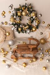 New Year's boho location. Wooden sled. Natural color sleigh.Background for a photo shoot.