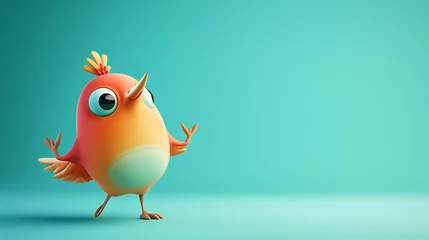Tuinposter A lively and vivacious 3D cartoon bird with a vibrant turquoise background. © stocker