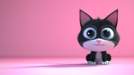 A vibrant and playful 3D cartoon cat with an adorable personality, showcased against a soothing soft pink background.