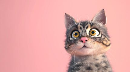 A vibrant and playful 3D cartoon cat, bursting with energy, placed against a soothing soft pink background.
