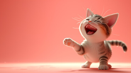 A delightful 3D cartoon-like cat with a playful and curious expression, set against a soft pink background.
