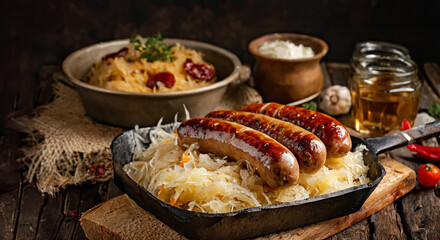 roasted sauerkraut and grilled sausages, Generated image - obrazy, fototapety, plakaty