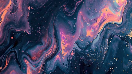 Dye mix. Oil fluid. space color glowing round bubble liquid paint blend wave motion on dark navy abstract art background. - AI Generated Abstract Art - obrazy, fototapety, plakaty
