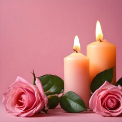 Pink Roses and candle on a pink background 