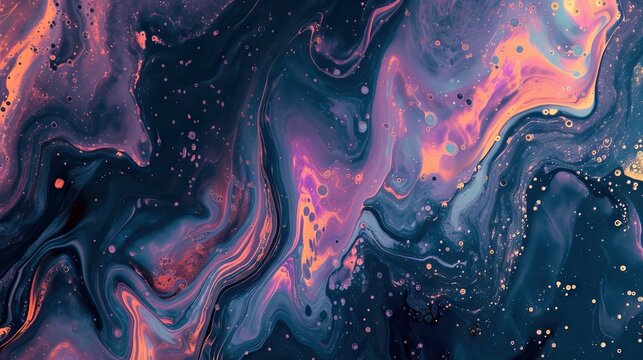 Dye mix. Oil fluid. space color glowing round bubble liquid paint blend wave motion on dark navy abstract art background. - AI Generated Abstract Art