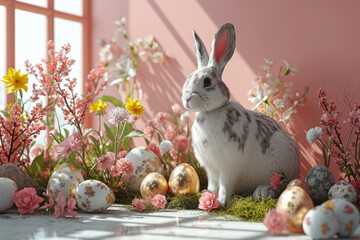 Happy Easter day, Bunny with easter egg elements and flower in nature