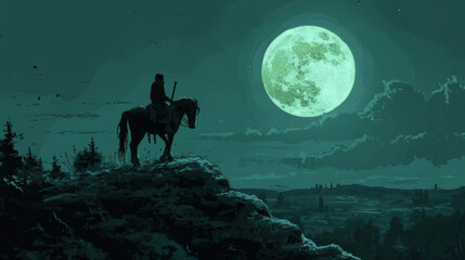 Horse riding on blue mountain with full moon moonscape painting.