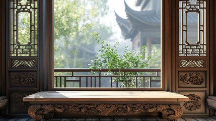 Carved wood seat at the window with a balcony behind