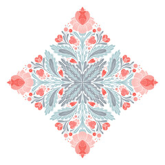 Vector gentle floral kaleidoscope illustration for Valentines day. Decorative folk art clip art with geometric symmetrical pink flowers, hearts