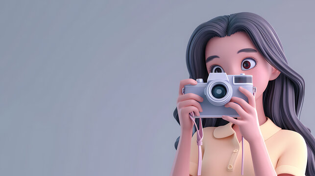 A charming 3D rendered illustration of a young woman striking a pose while taking photographs. She is isolated on a gray background.