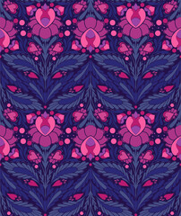 Vector decorative seamless floral pattern for Valentines day. Festive folk art surface design with simple pink flowers, hearts and foliage