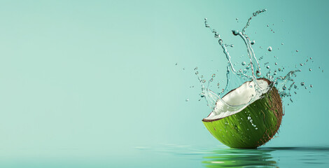 A half coconut shell is captured mid-splash, with water droplets frozen in time against a tranquil...